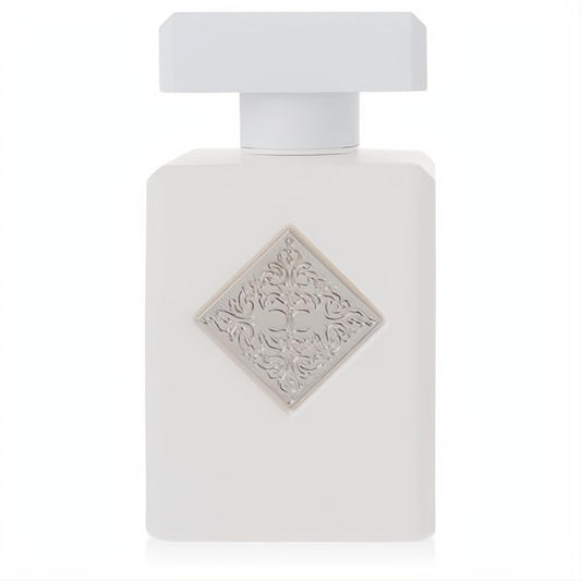 Initio Rehab Extrait De Parfum: sleek frosted white bottle, ornate silver emblem, a luxurious unisex fragrance.
