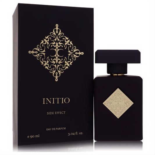 Initio Side Effect 3.04 oz unisex Eau De Parfum in a sleek black bottle with a gold ornate emblem and matching box.