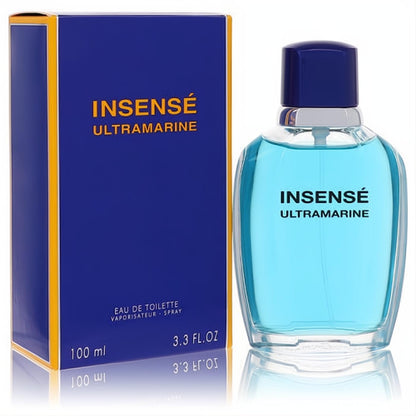 Vibrant Givenchy Insense Ultramarine EDT 3.3 oz. Sleek clear bottle with refreshing blue liquid and bold matching blue box.