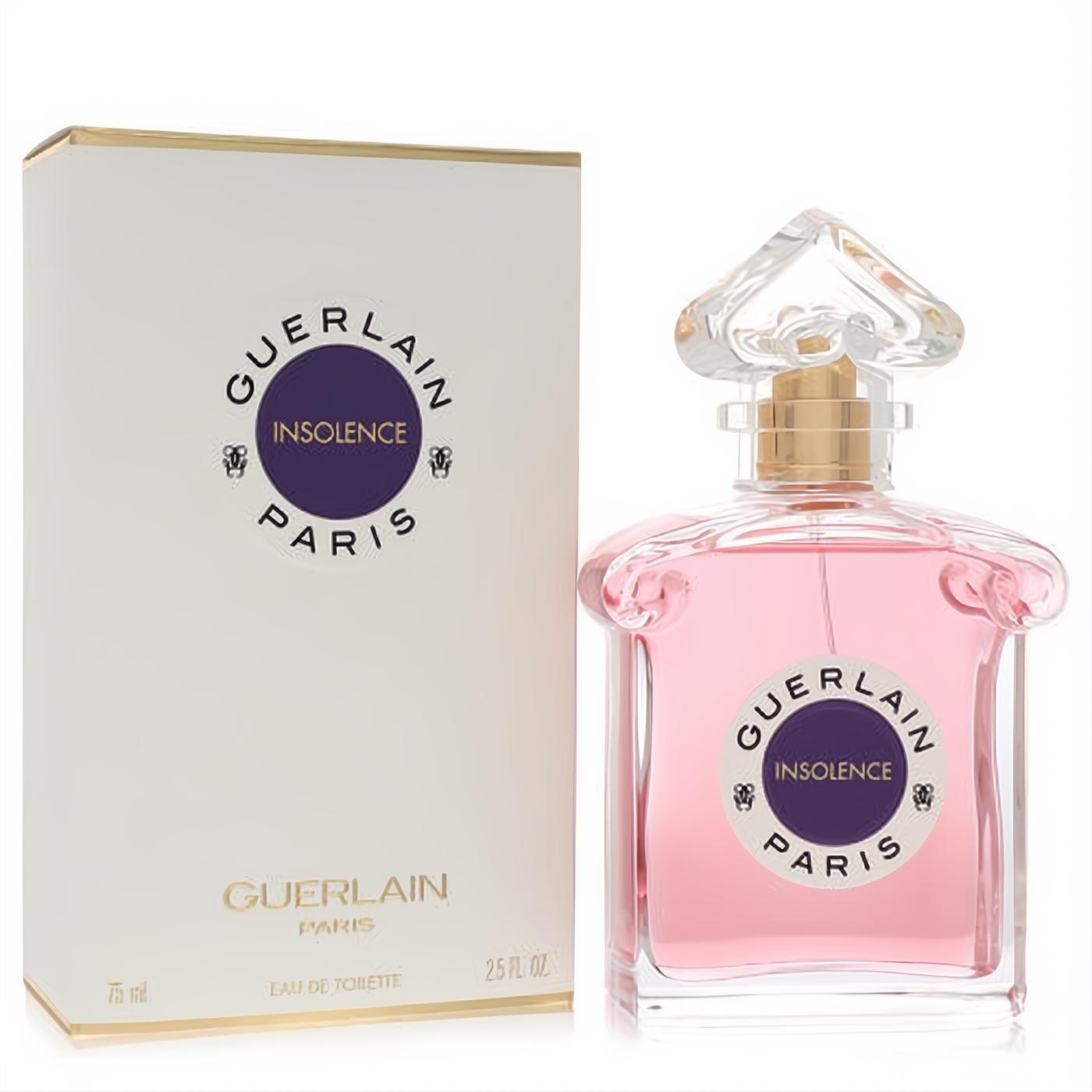 Elegant Guerlain Insolence 2.5 oz EDT, featuring vibrant pink liquid in a sculpted glass bottle with a unique faceted cap, and luxurious white box.