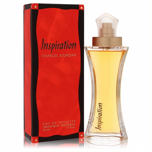 Inspiration by Charles Jourdan 1.7 oz EDT: elegant curved glass bottle with gold accents, beside its striking red & black box.
