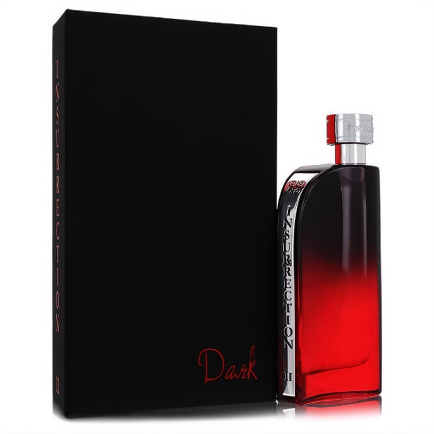 Unleash Insurrection II Dark 3 oz men's fragrance. Features a bold black and red ombré glass bottle with a sleek silver cap and matching matte black box.