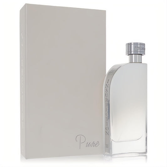 Insurrection II Pure 3 oz EDT for men. Sleek clear glass bottle, silver cap, and elegant light grey box.