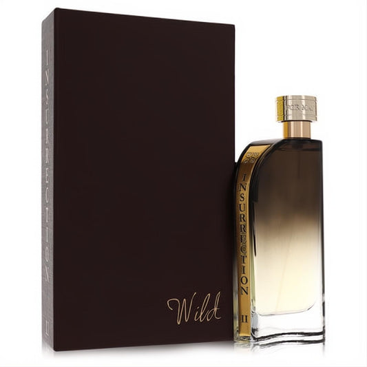 Insurrection II Wild 3 oz EDT spray. Sleek clear-to-dark amber glass bottle with gold cap and elegant dark brown box.