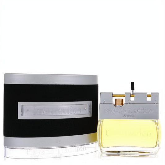 Bold Insurrection by Reyane Tradition 3.4 oz EDT. Clear bottle, golden liquid, distinctive grey fortress cap, and sleek black/silver box.