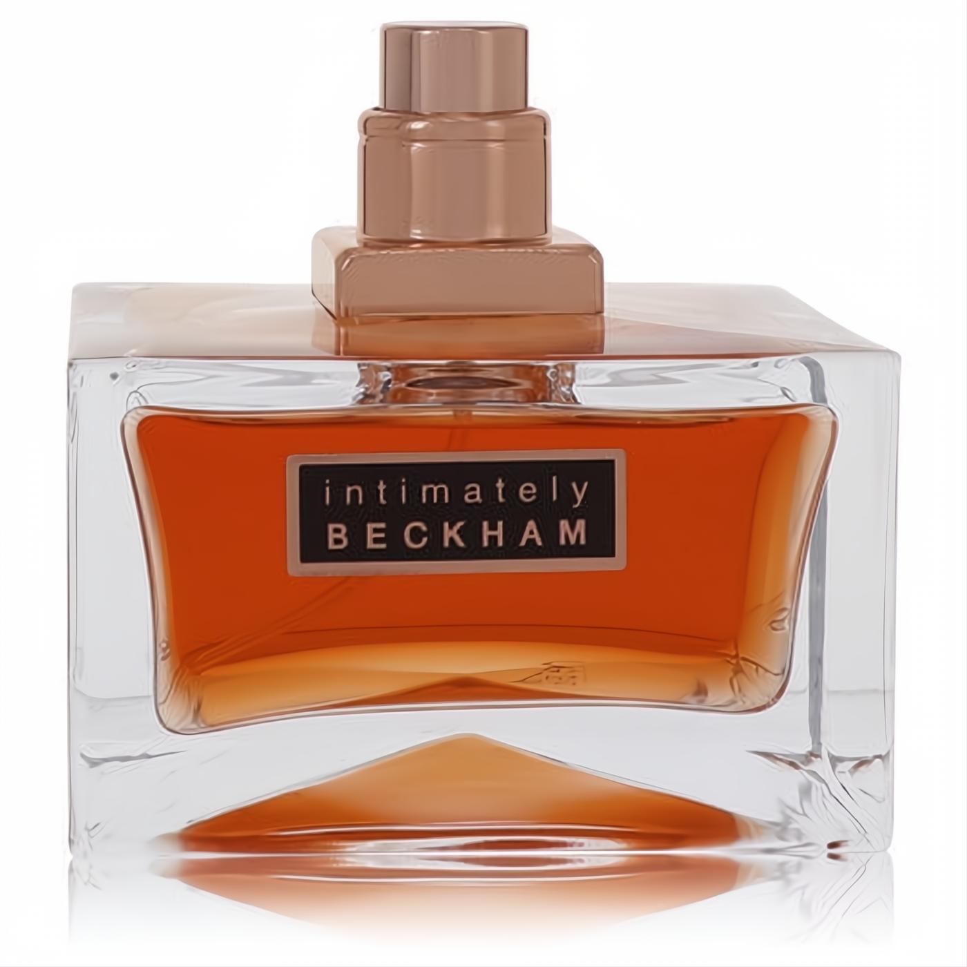 David Beckham Intimately men's cologne tester. Sophisticated clear glass bottle with warm amber fragrance and elegant rose gold cap.