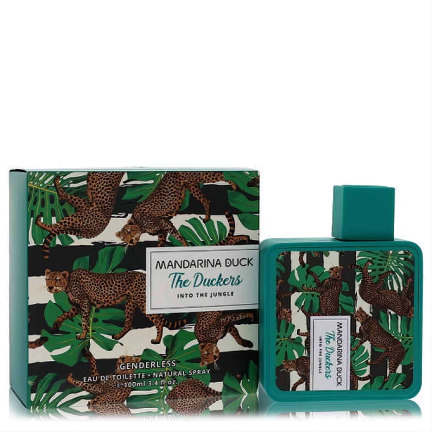 Vibrant Mandarina Duck Into The Jungle 3.4 oz unisex EDT spray. Teal bottle and box feature a bold leopard and leaf pattern.