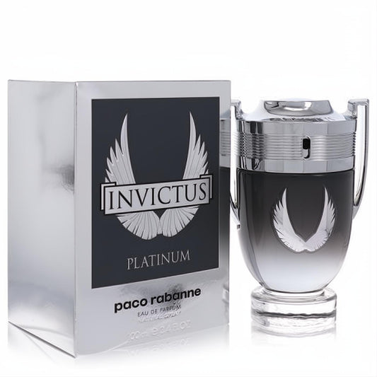 Paco Rabanne Invictus Platinum 3.4 oz EDP. Bold dark grey winged trophy bottle and sleek silver box.