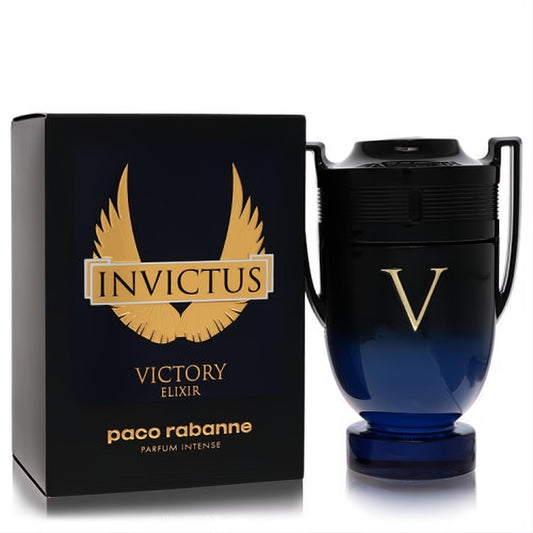 Paco Rabanne Invictus Victory Elixir Parfum Intense 3.4 oz. Bold black-blue trophy bottle with a gold V emblem.