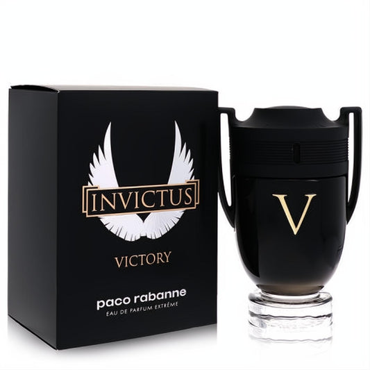 Unleash power with Invictus Victory 3.4 oz EDP Extreme. Bold black trophy bottle with gold V and matching sleek black box.