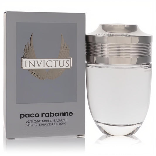 Invictus by Paco Rabanne After Shave 3.4 oz. Iconic trophy bottle with sleek silver cap, beside elegant gray box with gold wings.