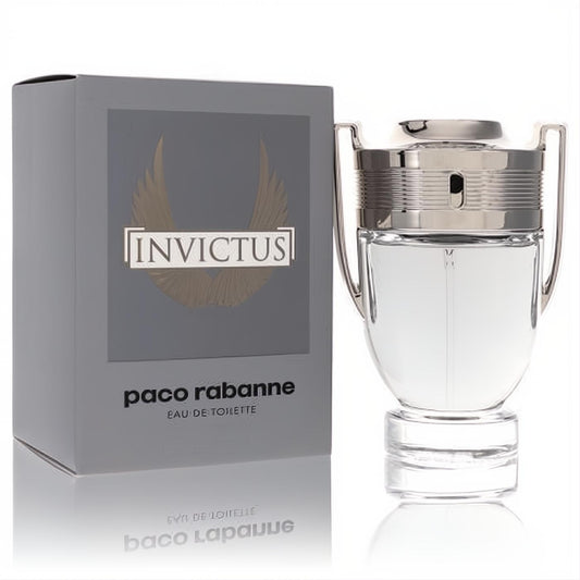 Paco Rabanne Invictus 1.7 oz men's EDT spray, clear trophy bottle with sleek silver trim and grey winged box.