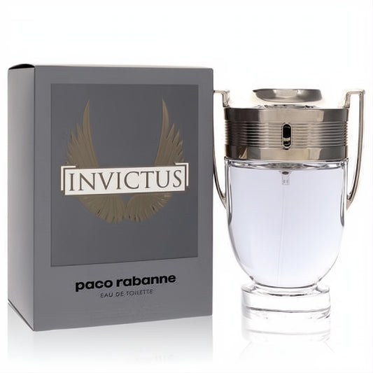 Iconic Invictus Paco Rabanne 3.4 oz men's EDT in a striking clear trophy bottle with metallic silver accents, beside its bold grey winged box.
