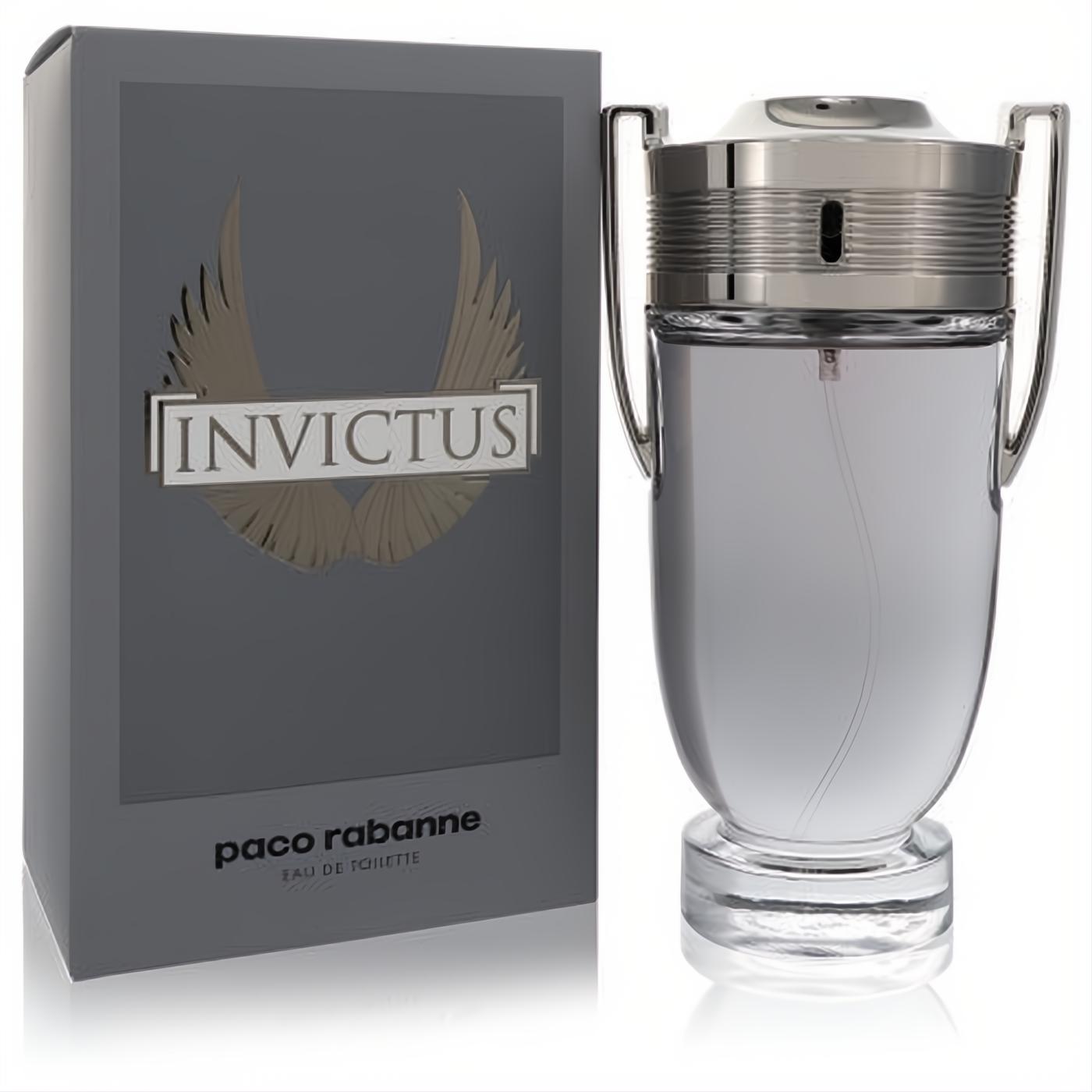 Paco Rabanne Invictus men's cologne. Striking trophy bottle with clear liquid, shiny silver details, and a sophisticated gray winged box.