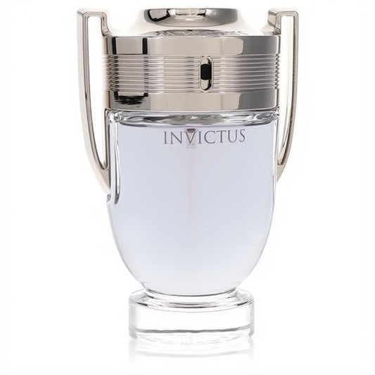 Iconic Paco Rabanne Invictus men's Eau de Toilette, 3.4 oz, in a clear glass trophy bottle with sleek silver accents.