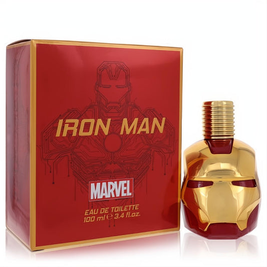 Collectible Iron Man 3.4 oz cologne. Features a striking gold and red helmet bottle, displayed with its vibrant Marvel-branded box.