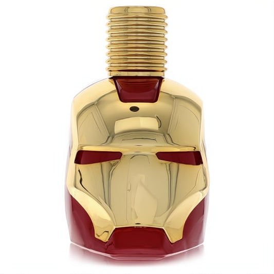 Bold Iron Man by Marvel Eau De Toilette spray bottle, featuring an iconic gold and red helmet design with a ribbed gold cap.