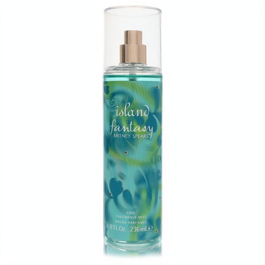 Britney Spears Island Fantasy 8 oz body spray. Clear bottle, vibrant blue-green tropical design, and chic gold sprayer.