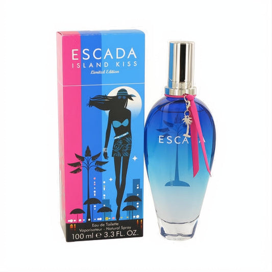 Escada Island Kiss 3.3 oz EDT. Stunning blue gradient bottle with silver cap & pink ribbon charm, beside its vibrant tropical-themed box.