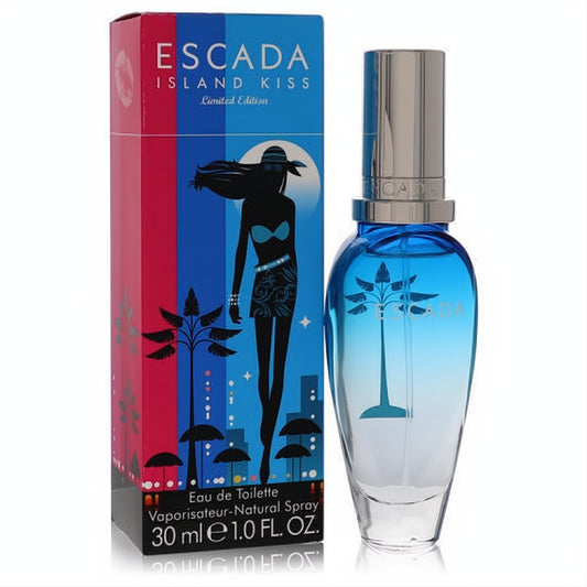 Escada Island Kiss 1 oz EDT spray. Stunning blue ombre glass bottle with palm tree detail and vibrant tropical box.