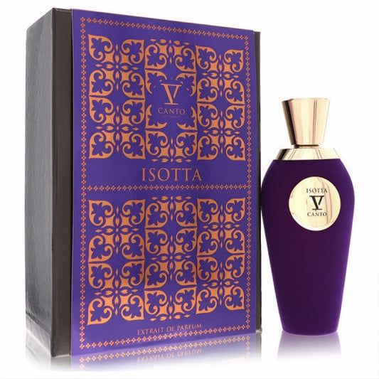 Elegant Isotta V Canto purple extrait de parfum bottle with a gleaming gold cap and ornate matching box.