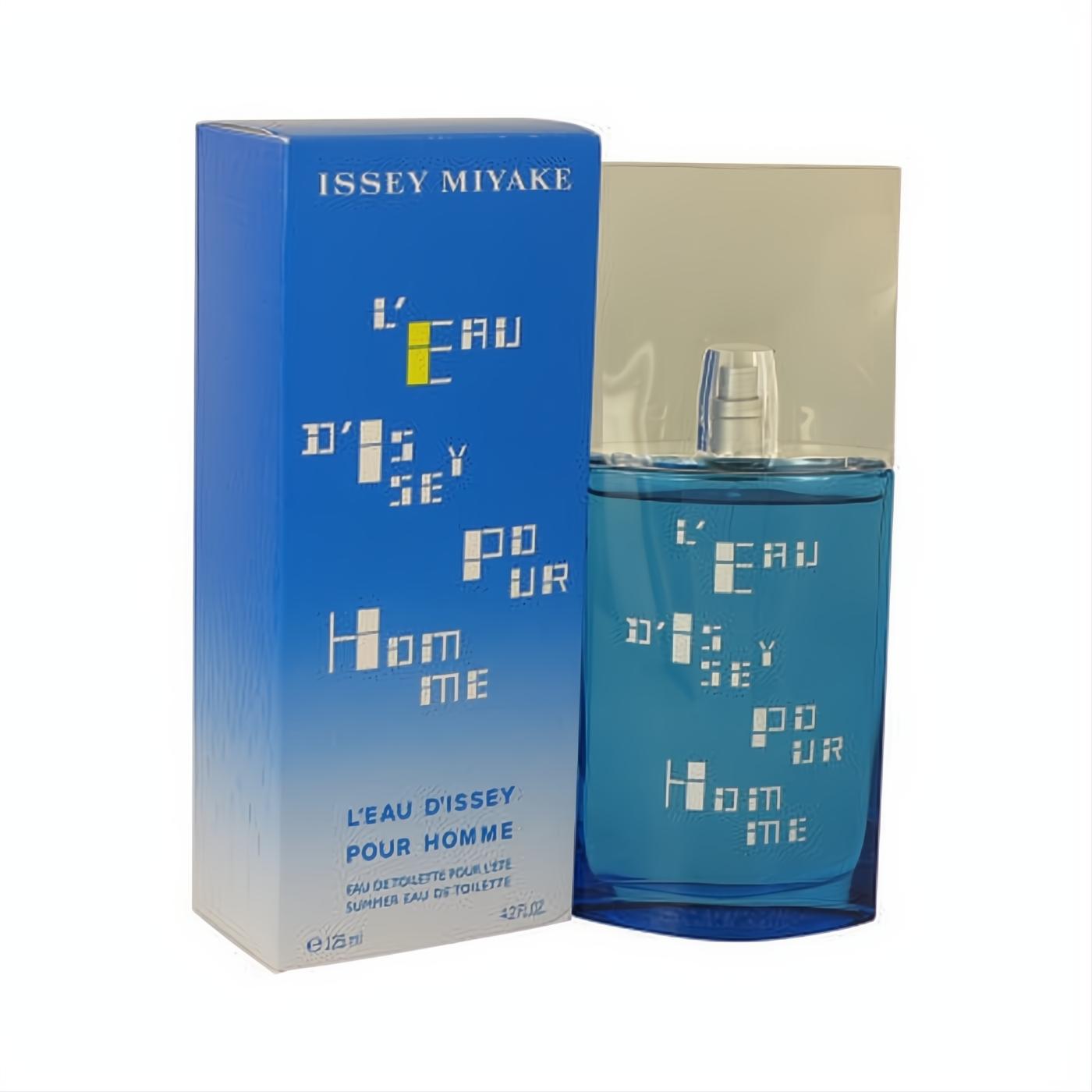 Issey Miyake L'Eau d'Issey Pour Homme Summer 4.2 oz EDT. Cool blue bottle with modern pixelated text and matching box.