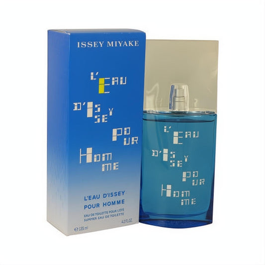 Issey Miyake L'Eau d'Issey Pour Homme Summer 4.2 oz EDT. Cool blue bottle with modern pixelated text and matching box.