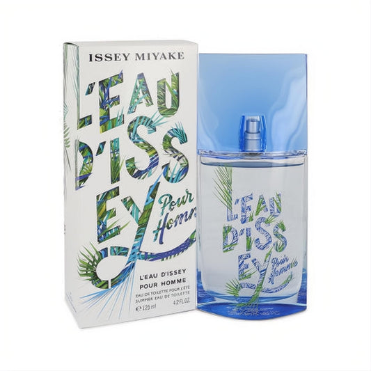 Refreshing Issey Miyake L'Eau d'Issey Pour Homme Summer 2018 4.2 oz cologne. Clear bottle with blue cap and vibrant tropical leaf design.