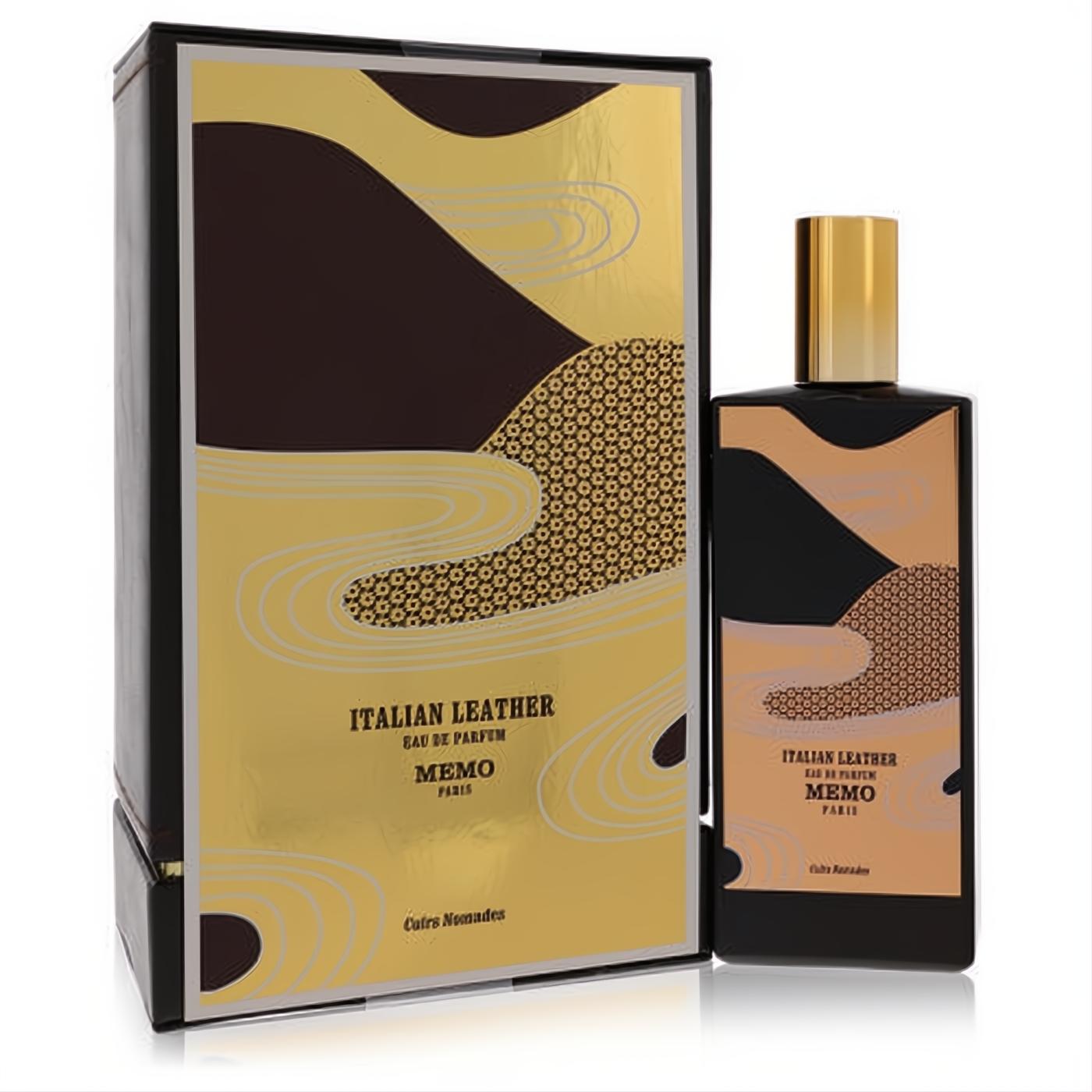 Experience Memo Paris Italian Leather EDP. Elegant black bottle, gold cap, and artistic gold, black, tan abstract design with matching box.