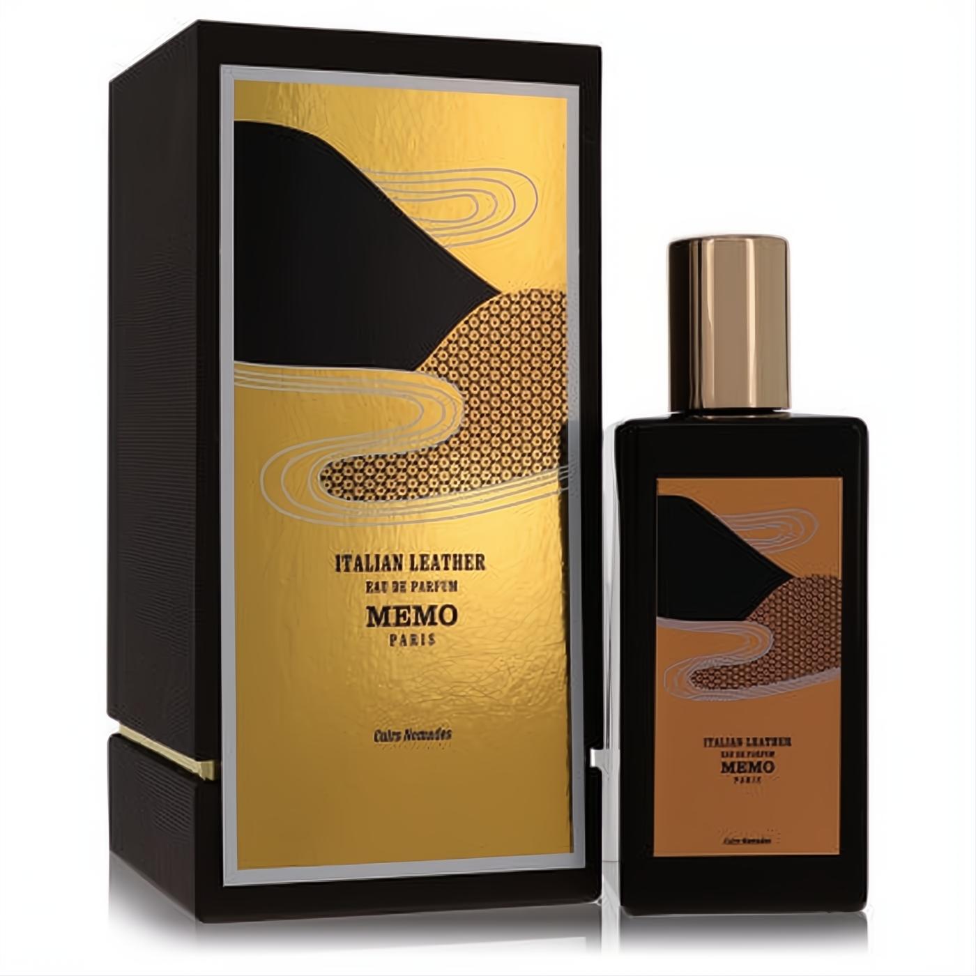 Luxurious Memo Paris Italian Leather 6.8 oz unisex EDP. Sleek black bottle, gold cap, and unique abstract gold, black, orange design with matching box.