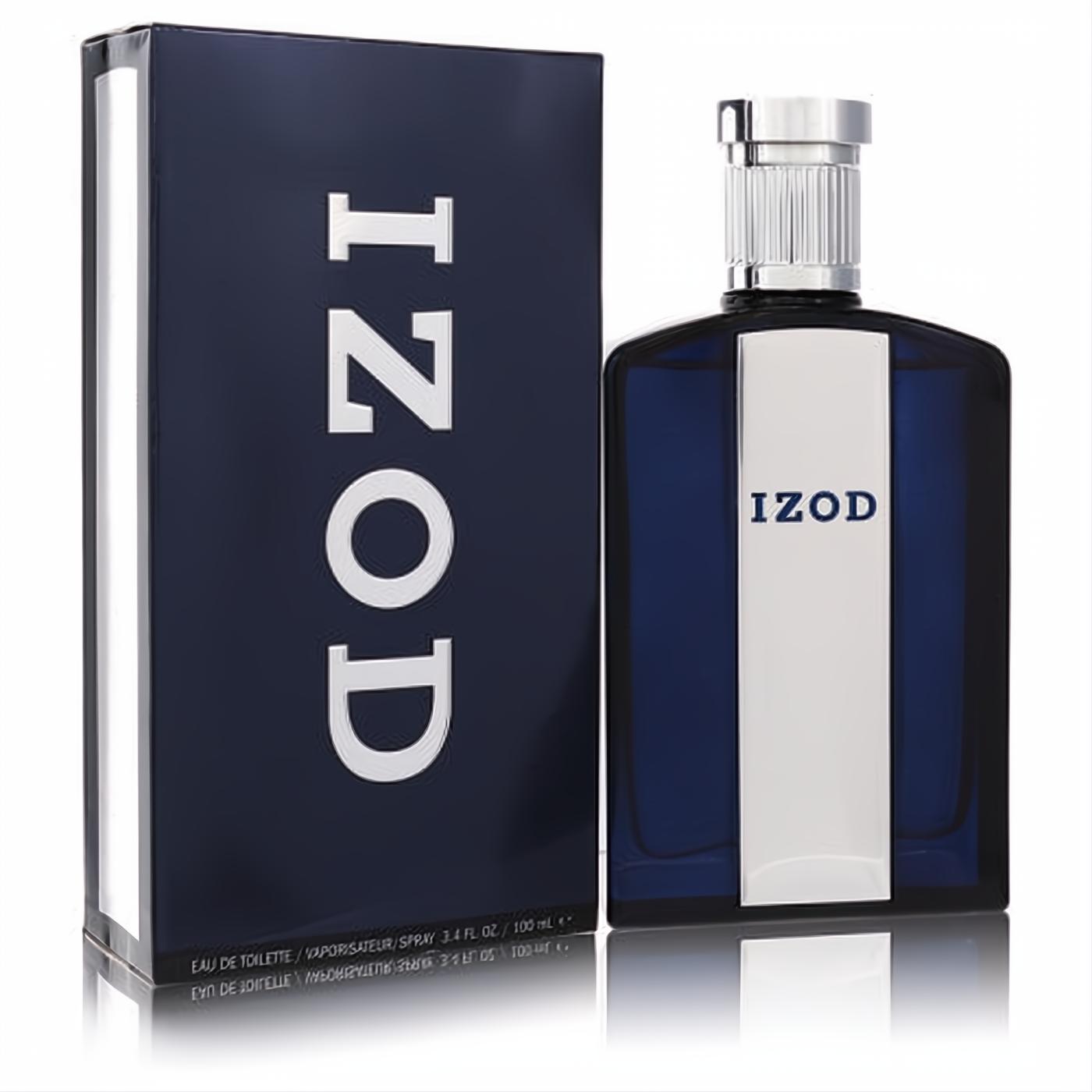 Sophisticated Izod men's Eau de Toilette 3.4 oz. Bold dark blue glass bottle, sleek silver cap, and matching branded box.