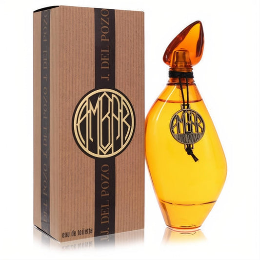 J Del Pozo Ambar Eau De Toilette. Unique amber glass bottle with sculptural cap and metallic charm, next to its elegant brown logo box.