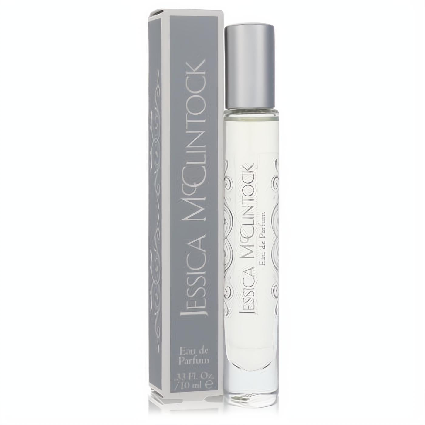 JESSICA Mc CLINTOCK .33 oz Eau De Parfum rollerball. Elegant clear bottle, silver cap, and grey scrollwork box for women.