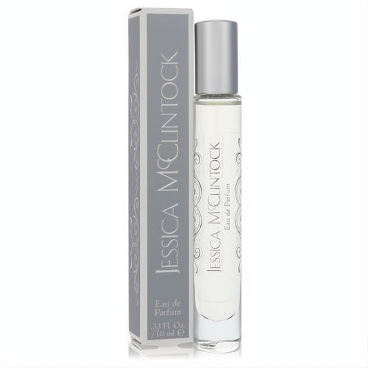 JESSICA Mc CLINTOCK .33 oz Eau De Parfum rollerball. Elegant clear bottle, silver cap, and grey scrollwork box for women.