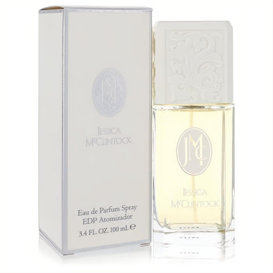Experience Jessica McClintock 3.4 oz Eau de Parfum. Clear glass bottle, ornate white cap, and elegant silver-trimmed box.