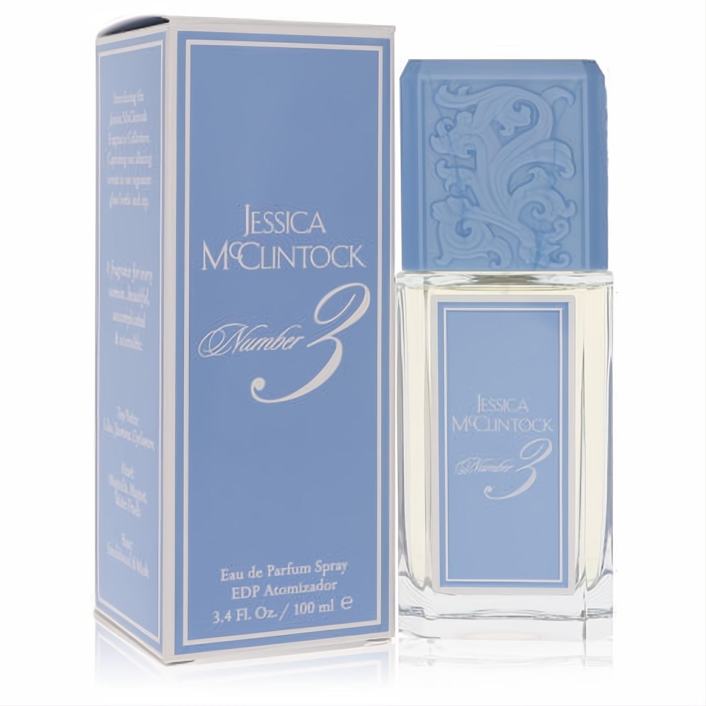 Experience the classic Jessica McClintock Number 3 EDP 3.4 oz. Clear glass bottle, light blue label, ornate sculpted cap.