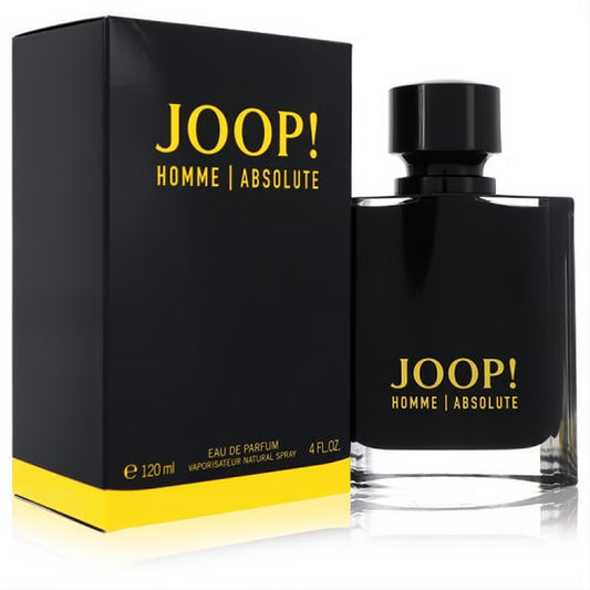JOOP! Homme Absolute 4 oz Eau De Parfum. Bold black glass bottle with gold text, presented with its sleek black and yellow box.