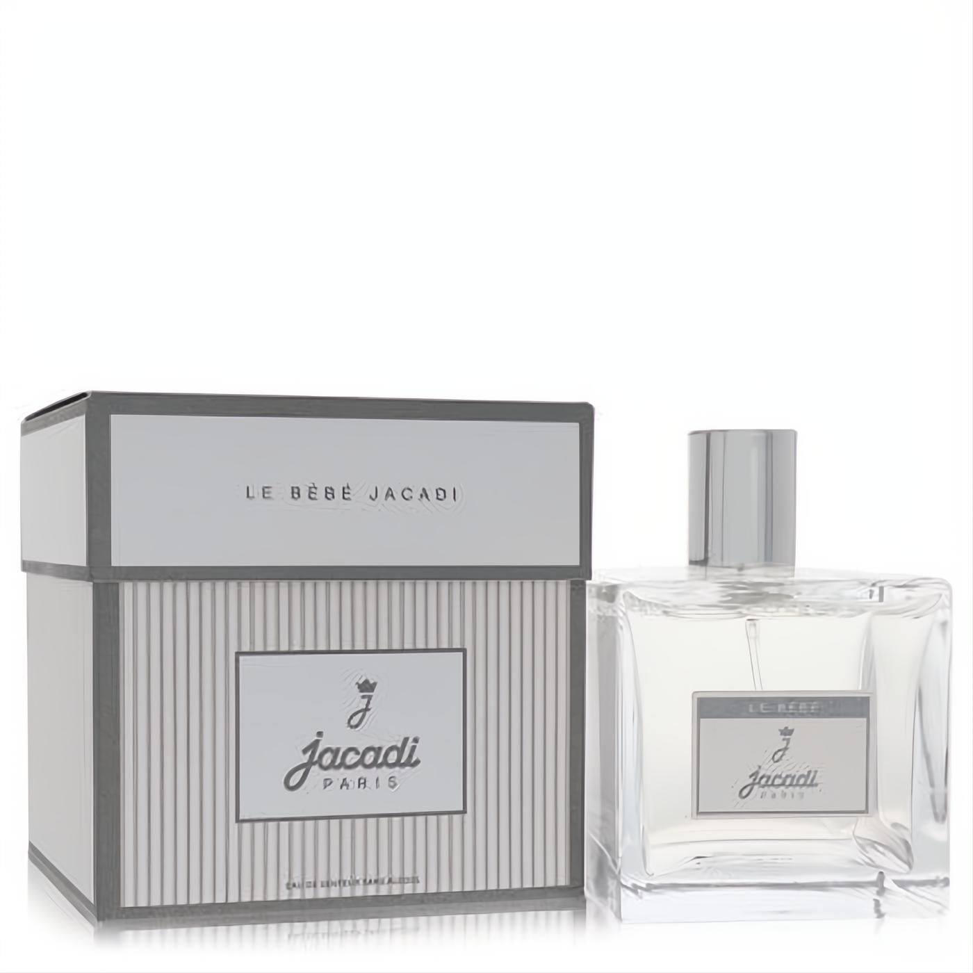 Experience Jacadi Eau De Soin Bebe 3.4 oz unisex fragrance. Clear glass bottle, silver cap, elegant grey striped box.