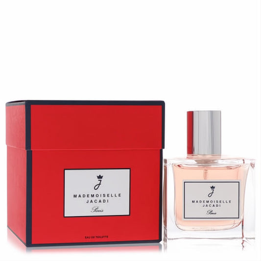 Jacadi Mademoiselle 1.7 oz Eau De Toilette. Chic clear glass bottle with light pink fragrance and a vibrant red box.