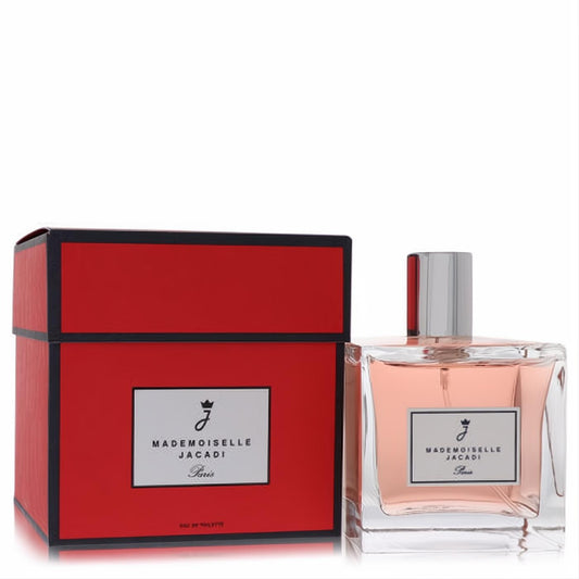 Jacadi Mademoiselle 3.4 oz Eau De Toilette. Clear glass bottle with delicate pink fragrance, silver cap, and vibrant red gift box.