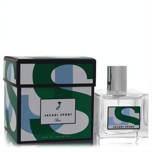 Jacadi Sport Eau De Toilette 1.7 oz. Clear glass bottle with silver cap and vibrant green-blue "S" design on box.
