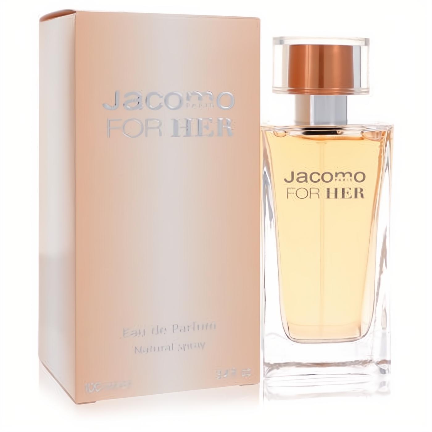 Radiant Jacomo For Her 3.4 oz Eau de Parfum. Elegant clear glass bottle with golden liquid, silver text, and a chic peach box.