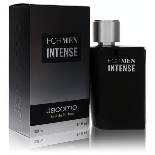 Elevate your style with Jacomo Intense for Men 3.4 oz EDP. Bold black bottle, silver cap, and elegant box.