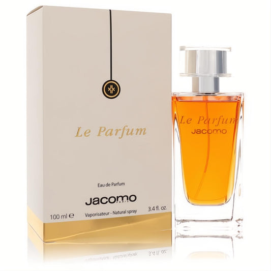 Elegant Jacomo Le Parfum 3.4 oz EDP in a clear glass bottle with warm amber liquid, beside its sophisticated beige and gold box.