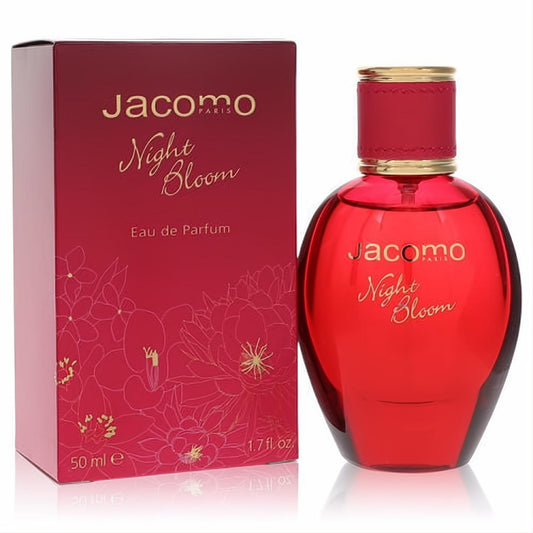 Jacomo Night Bloom 1.7 oz Eau de Parfum. Vibrant red glass bottle with gold accents and a matching floral-patterned box.