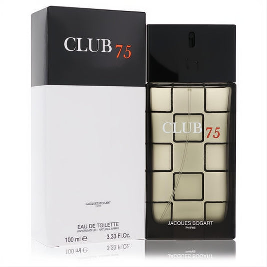 Jacques Bogart Club 75 men's EDT spray, 3.33 oz, clear bottle with bold 'CLUB 75' and grid design, next to its elegant black & white box.