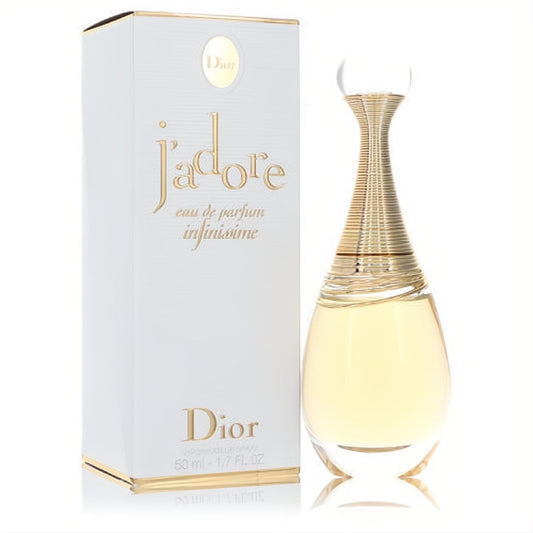 Luxurious Jadore Infinissime 1.7 oz Dior perfume. Elegant golden glass bottle with a unique gold-wrapped neck, next to its chic white and gold box.