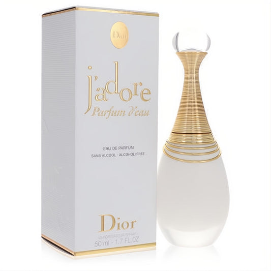 Christian Dior Jadore Parfum D'eau 1.7 oz. Iconic frosted bottle, gold coiled neck, elegant white box.