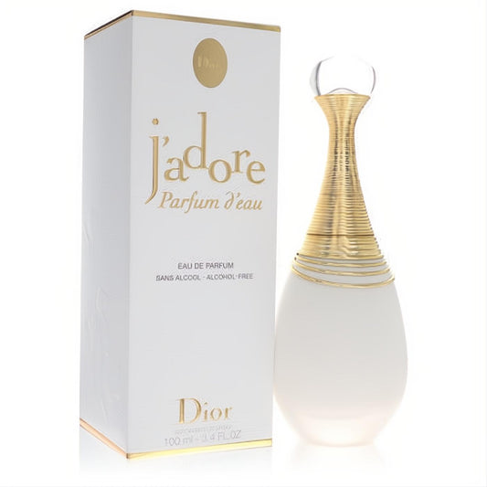 Luxurious Jadore Parfum D'eau 3.4 oz by Dior. Frosted white bottle with iconic gold-ribbed neck and elegant white box.