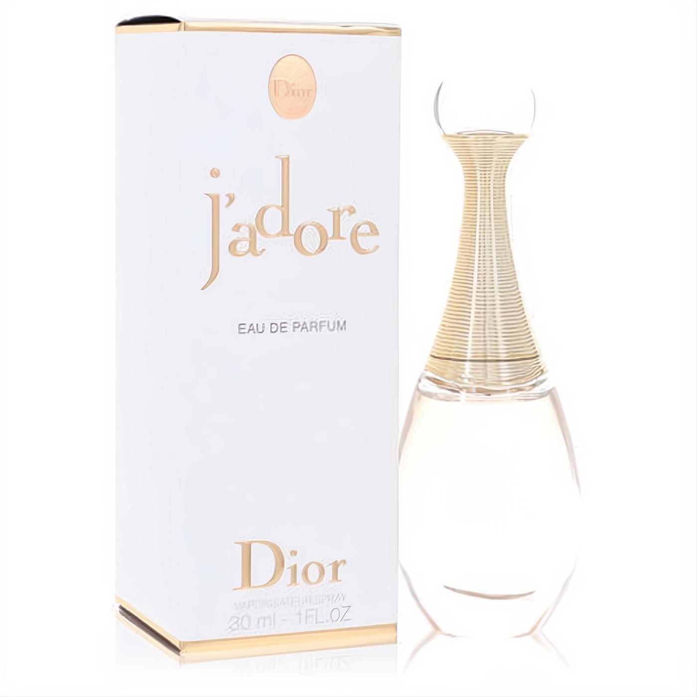 Jadore by Christian Dior 1 oz Eau de Parfum spray. Clear glass bottle with elegant gold ribbed neck and matching white gold-lettered box.